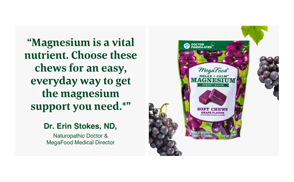 MegaFood Relax + Calm Magnesium Soft Chews Grape 30 Individually Wrapped Soft Chews - product information 2