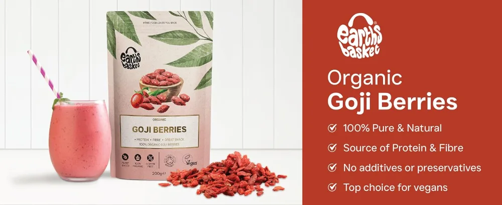 Earths Basket Organic Dried Goji Berries 200g Raw Dried Great Snack Protein & Fibre - Header
