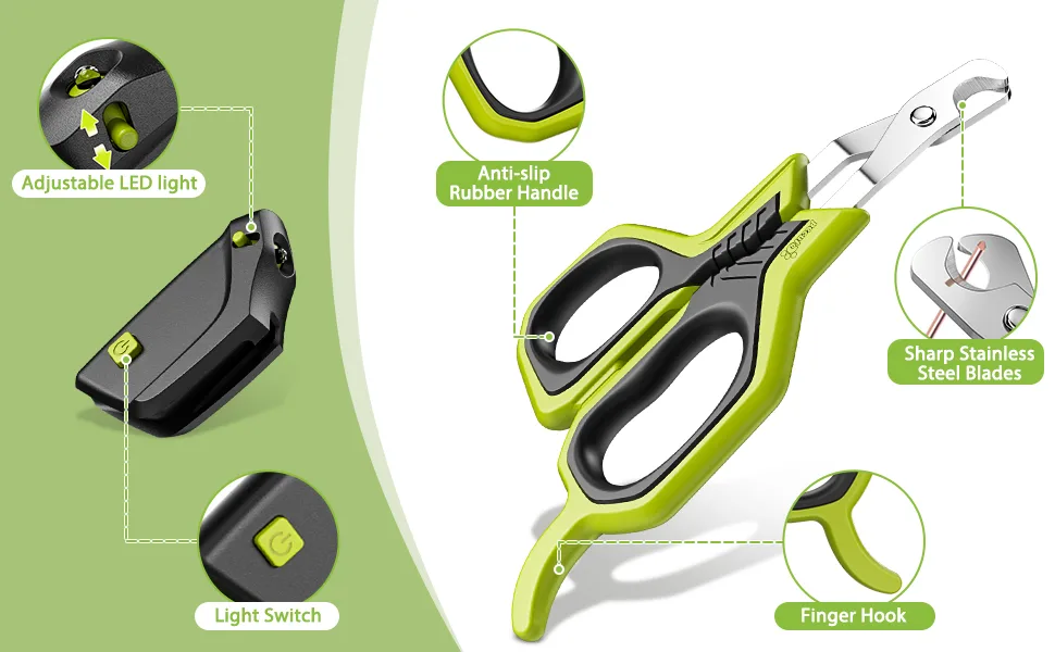 pecute Cat Nail Clippers with Adjustable Led Light Sharp Stainless Steel Professional Pet Nail Trimmer for Cats Small Dogs Rabbit and Small Animals Black+Green Led Light - bird nail clipper