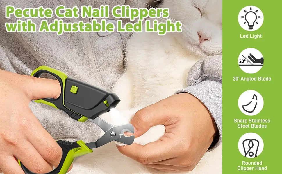 pecute Cat Nail Clippers with Adjustable Led Light Sharp Stainless Steel Professional Pet Nail Trimmer for Cats Small Dogs Rabbit and Small Animals Black+Green Led Light - cat nail cutter