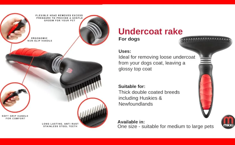 Mikki Dog Puppy Grooming Undercoat Rake - Dematting Tool Removes Matts - for Thick Coats - mikki undercoat rake comb double thick hair coats huskies newfoundland