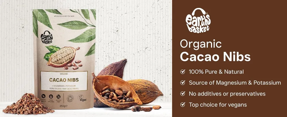 Earths Basket Organic Cacao Nibs 250g High in Potassium Magnesium and Iron - Header
