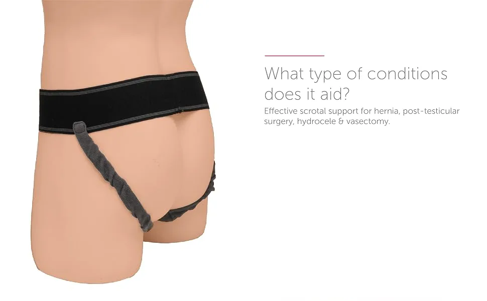 Express Orthopaedic - Medically Approved Scrotal Support/Athletic Supporter Jockstrap For Hernia Hydrocele Post Surgery & Sports (MED - Waist Circ:75-85cm) M Black / Grey - Infographic on what conditions the Express Scrotal Support is suited for