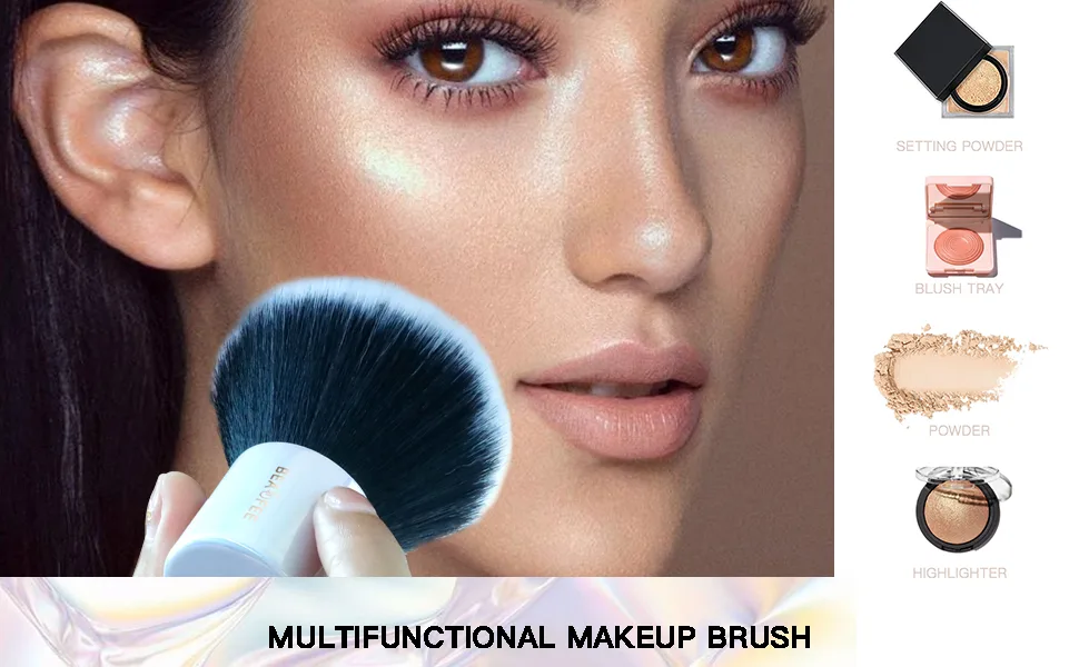Blusher Brush Large Makeup Brushes Round Brush Head Wide Coverage Powder Foundation Brush Synthetic Bristles for Bronzer Powder Blush or Highlighter Kabuki Make up Brushes - Bright 02 silver - Makeup Brushes