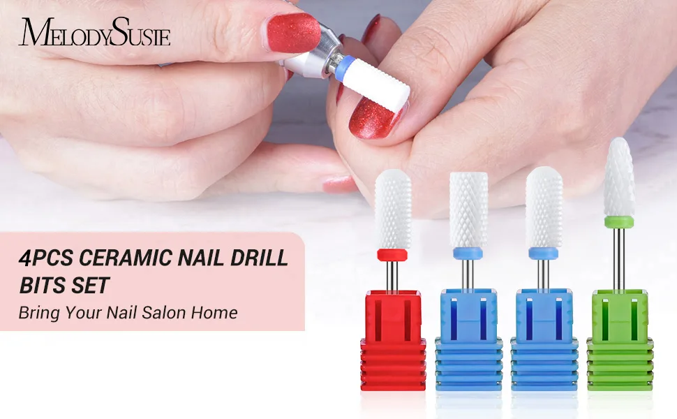 MELODYSUSIE Nail Drill Bits Set Ceramic Safety Professional 3/32 Inches Nail Bits for Filing Acrylic Nails Gel Nails Down Removing Cuticle Tools (Ceramic 4pcs) - MelodySusie
