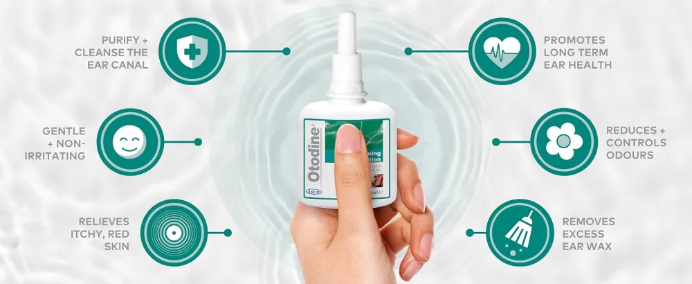 ICF Otodine | Cat & Dog Ear Cleaner Solution | Dog Ear Drops to Stop Wax Build Up Head Shaking Discomfort Ear Odour & Scratching | 100ml - dog ear cleaner solution drops pet puppy cat itchy wipes drop wax otodine cleaning remover itching