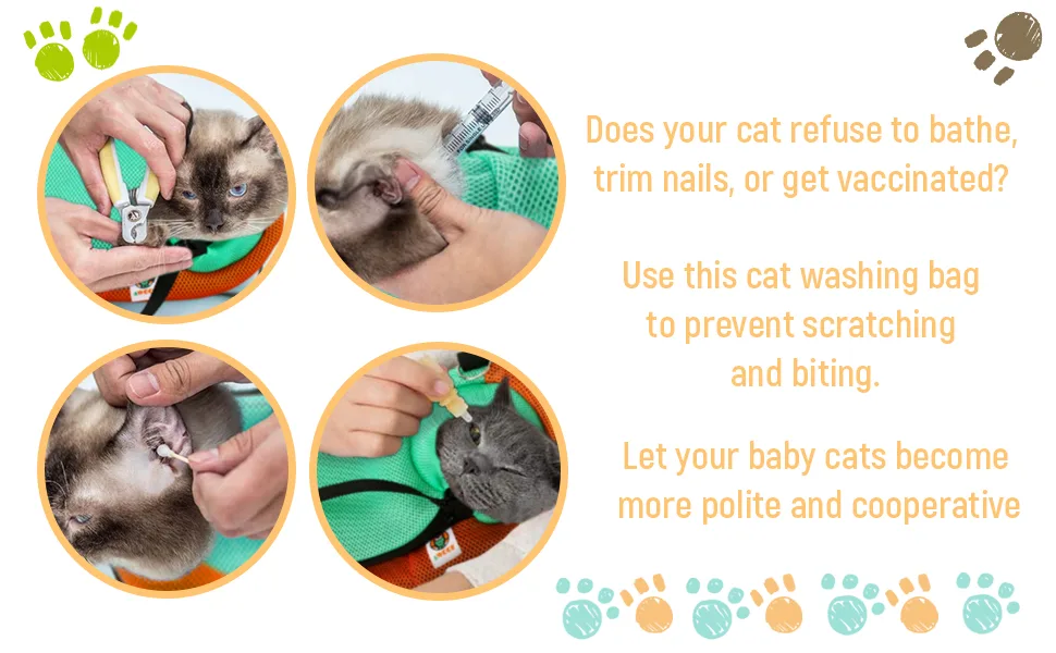 AWOOF Cat Grooming Bag Adjustable Bathing Anti Scratch Bite Restraint Sling Durable Mesh Shower for Small Medium Large Cats Nail Trimming Ear Cleaning Medicine Taking GREEN - cat bathing bag