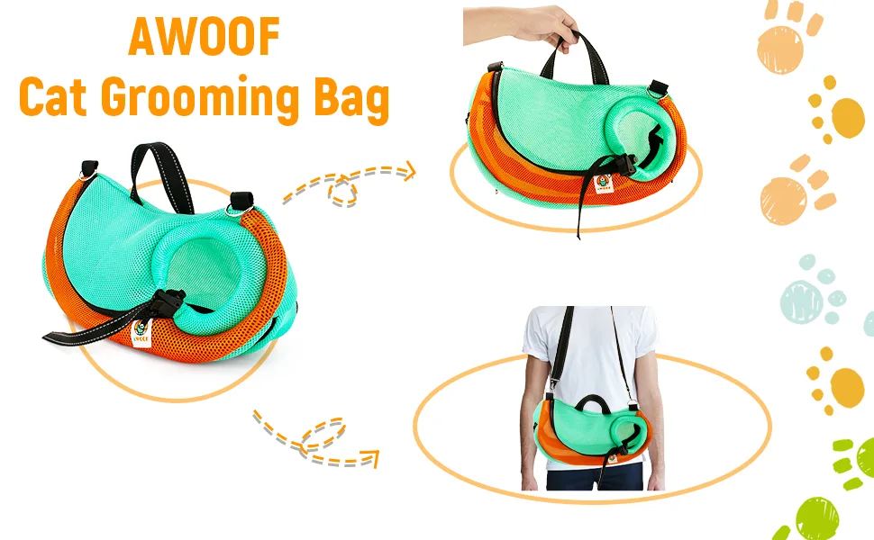 AWOOF Cat Grooming Bag Adjustable Bathing Anti Scratch Bite Restraint Sling Durable Mesh Shower for Small Medium Large Cats Nail Trimming Ear Cleaning Medicine Taking GREEN - washing bag for cat