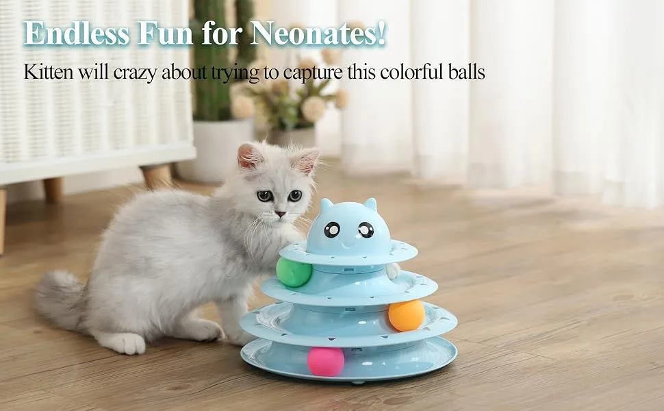 Vealind Cat Toys Interactive Fun Roller Exerciser 3 Level Tower Ball Toy Kitten Teaser Toy with Colorful Balls Green - cat tower tracks ball toy