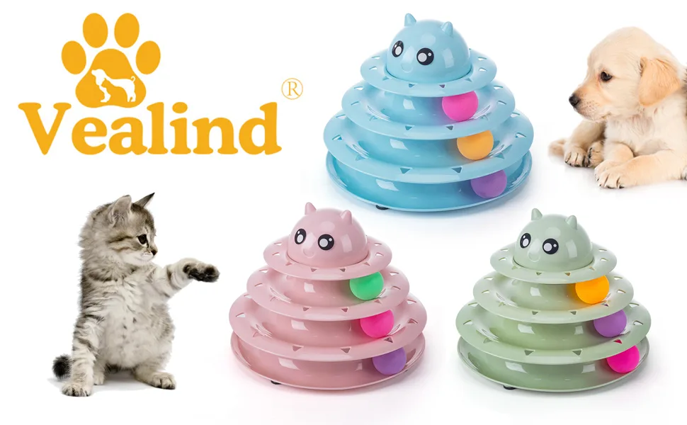 Vealind Cat Toys Interactive Fun Roller Exerciser 3 Level Tower Ball Toy Kitten Teaser Toy with Colorful Balls Green - product information 23
