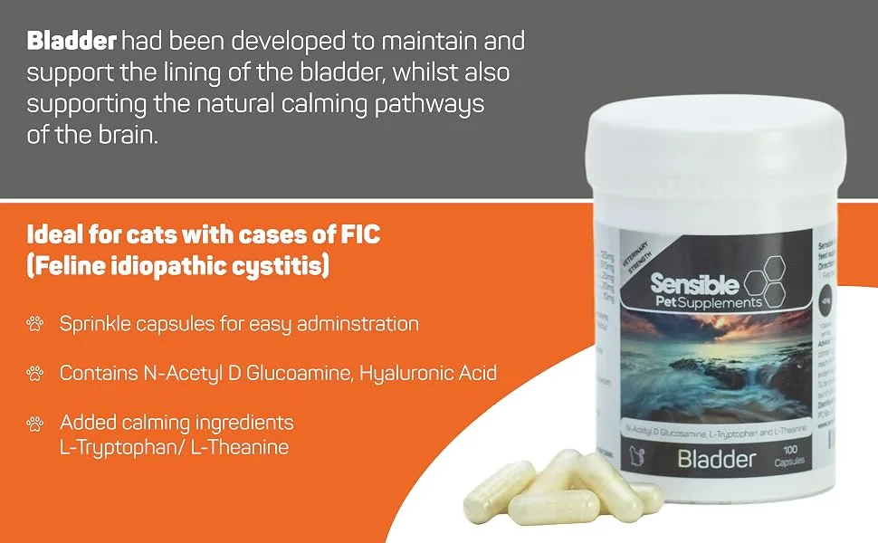 Sensible Pet Supplements 'Bladder'. Urinary support supplement for cats. Containing N-Acetyl D Glucosamine L-Tryptophan and L-Theanine. 100 sprinkle capsules. - Sensible Supplements Bladder