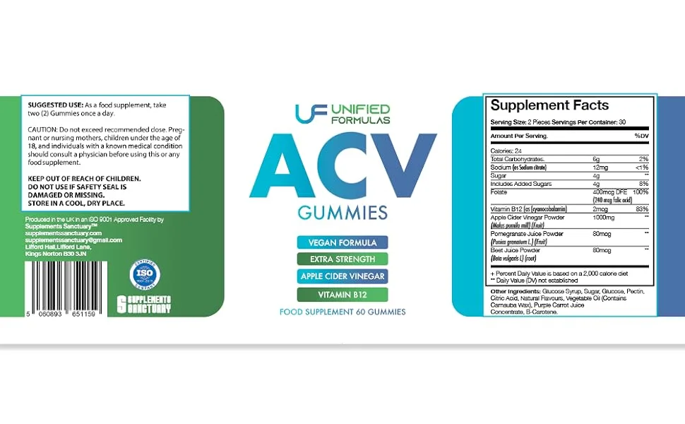 Unified Formulas ACV Apple Cider Vinegar Gummies Mixed Fruit Flvours 60 Gummies - acv1