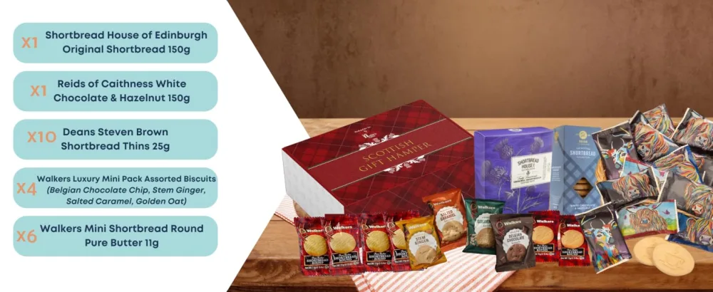 Hattie's Gifts Luxury Biscuits Gift Set - 150g Edinburgh Shortbread 150g Scottish Shortbread 20x Assorted Individually Wrapped Biscuits - 22 Piece Set Luxury Gift Hamper - shortbread biscuits gift tin hampers & gourmet gifts gluten free afternoon tea hamper