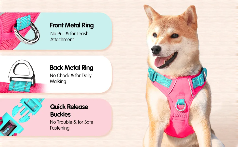 PHOEPET No Pull Dog Harness Unique Colors Reflective Adjustable Dog Vest with Soft Training Handle Metal Clips for Small Medium Large Dogs (Pink Base & Green Straps M) Pink Base & Green Straps Size: M - harness