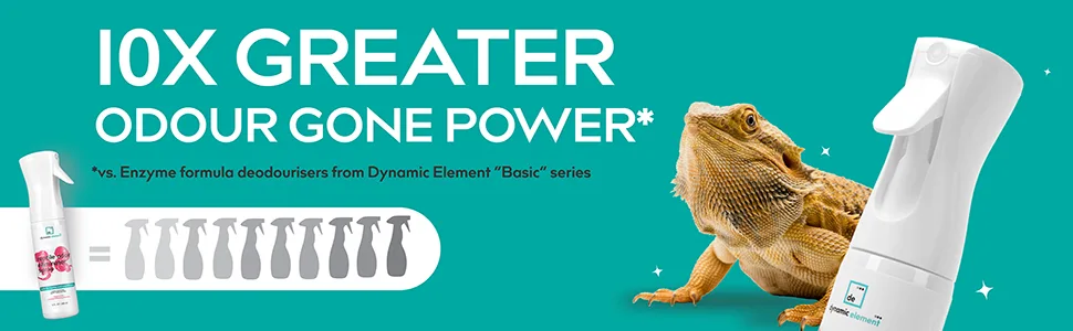 Dynamic Element Reptile Odour Eliminator Spray - Unscented Mineral-Based Formula Deodouriser for Urine and Waste Smells from Bearded Dragon Gecko and Tortoise Vivarium - 9 Fl Oz (266 ml) - dynamic element reptile vivarium deodouriser has 10X greater odour gone power