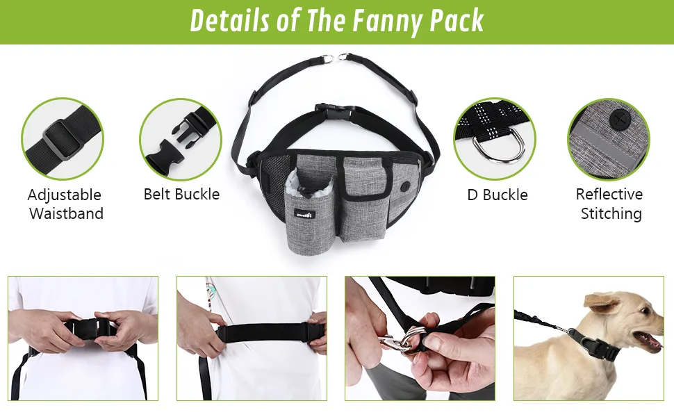 pecute Hands Free Double Dog Running Lead with Wide Back Support Belt Adjustable Dog Walking Belt with Multi Pouches (Large -2 Leash Grey) Grey(M 2 Leash) - fanny pack