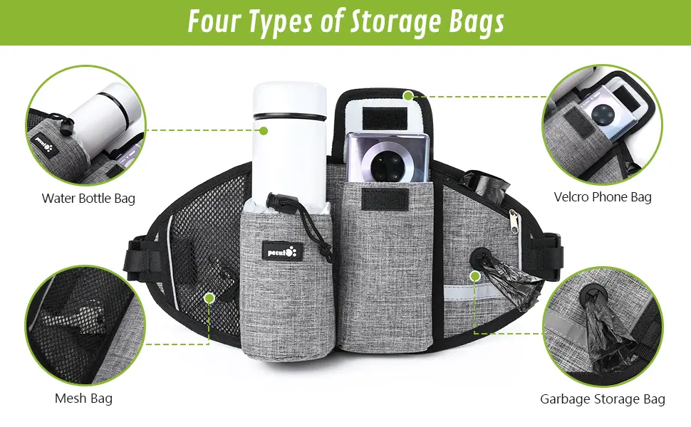 pecute Hands Free Double Dog Running Lead with Wide Back Support Belt Adjustable Dog Walking Belt with Multi Pouches (Large -2 Leash Grey) Grey(M 2 Leash) - storage bags