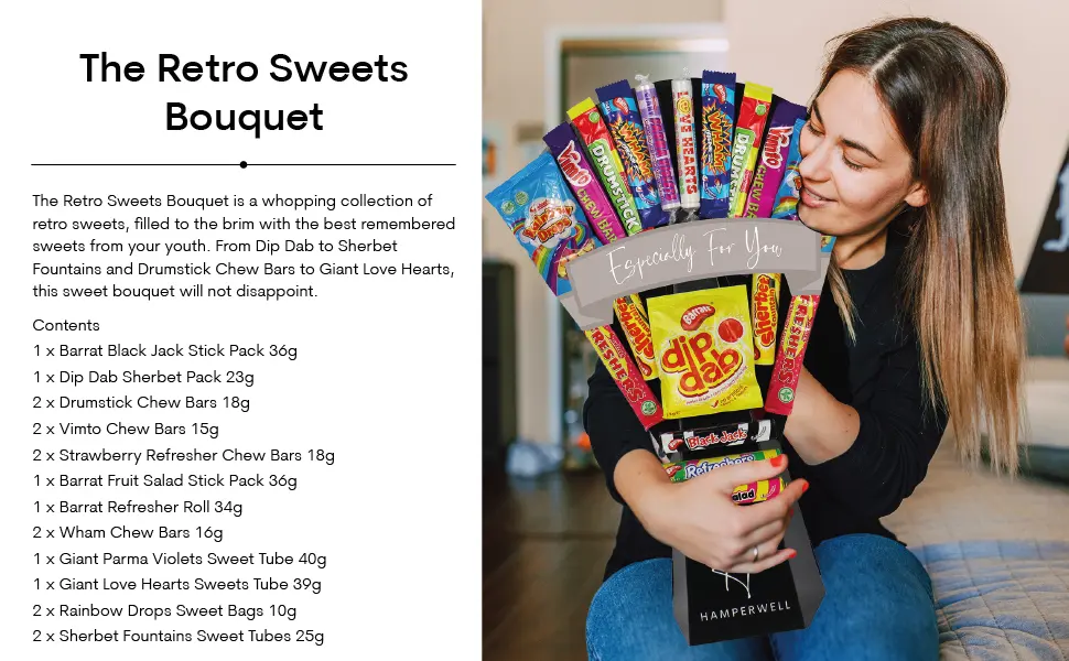 The Retro Sweets Bouquet With Dip Dab Black Jack Fruit Salad & More - Happy Birthday - The Retro Sweets Bouquet