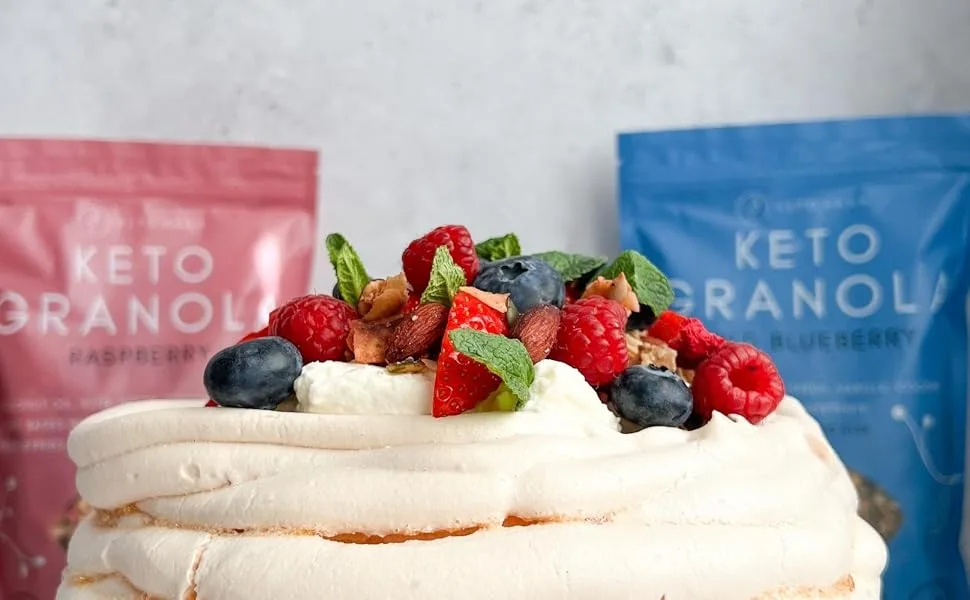 Keto Hana Raspberry Breakfast Snacking Granola Just 2g Net Carbs High Protein Healthy Keto Diet Granola (Four 300g/0.6lbs Bags) - Berry Pavlova