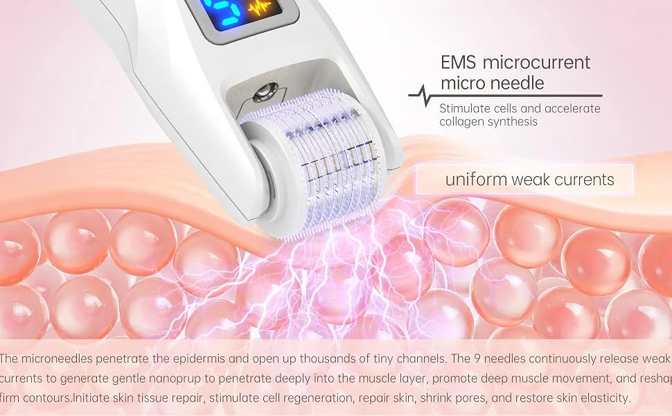 Microneedle Roller Upgraded EMS Micro Needle Kit with 2 LED Vibration Mode Professional Derma Roller 0.5mm for Wrinkles Stretch Scar Hair Loss Skincare - Bio Roller - product information 14