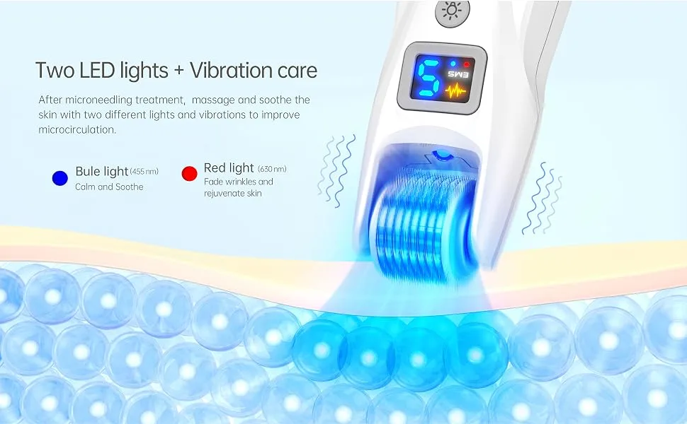 Microneedle Roller Upgraded EMS Micro Needle Kit with 2 LED Vibration Mode Professional Derma Roller 0.5mm for Wrinkles Stretch Scar Hair Loss Skincare - Bio Roller - product information 15