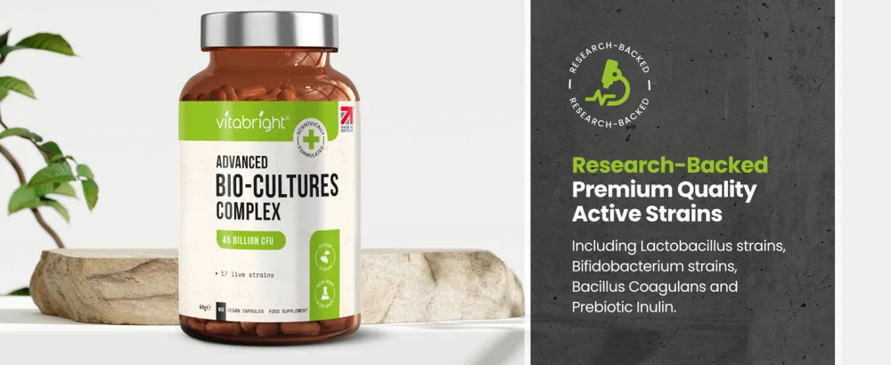 Bio Cultures Complex Pre and Probiotics - 45 Billion CFU Vegan Capsules - 17 Live Bacteria Strains High Strength Advanced Probiotic Supplement - Made in UK by VitaBright - Research-Backed Biocultures