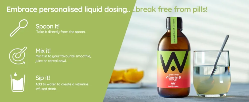 WELL ACTUALLY Liposomal Vitamin B Complex High Strength and Bioavailability - 8 Essential B Vitamins Complex for Energy Brain Metabolism Support - Tropical Flavour (60 Servings) - Liposomal B Complex Liquid for flexible dosing