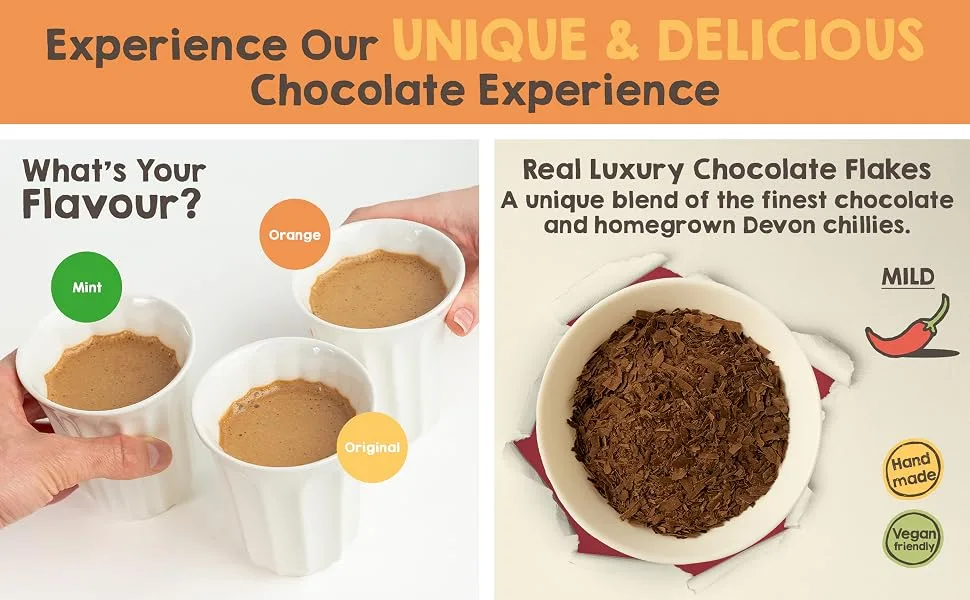 South Devon Chilli Farm | Mint Chilli Drinking Chocolate in a Jar Indulgent Chocolate Flakes Gluten-Free Vegan-Friendly 200g Mint 200g - chilli hot chocolate, chilli, chocolate, drinking chocolate, mint, orange, original