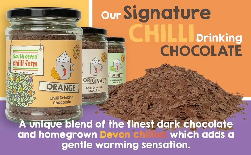 South Devon Chilli Farm | Mint Chilli Drinking Chocolate in a Jar Indulgent Chocolate Flakes Gluten-Free Vegan-Friendly 200g Mint 200g - chilli hot chocolate, chilli, chocolate, drinking chocolate, mint, orange, original