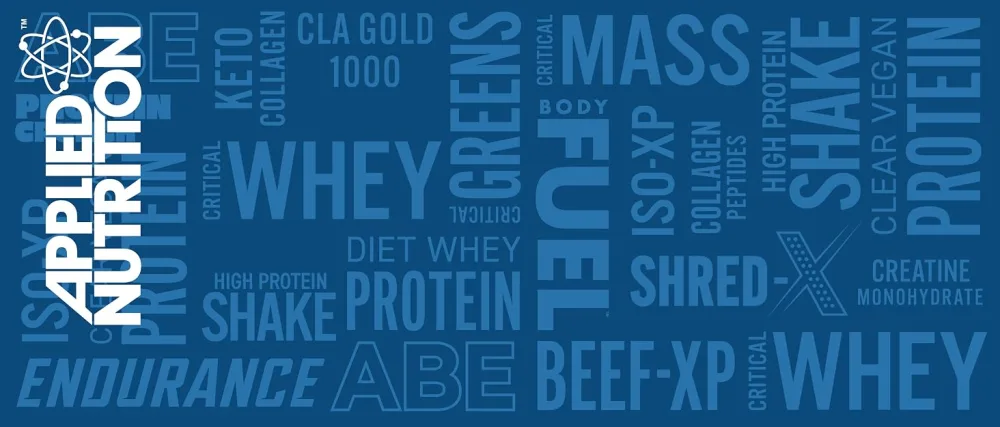 Applied Nutrition BodyFuel Creatine Monohydrate Powder Increases High-Intensity Physical Performance Strawberry & Raspberry (300g - 60 Servings) - Applied nutrition logo on blue background with product names like critical whey ABE bodyfuel