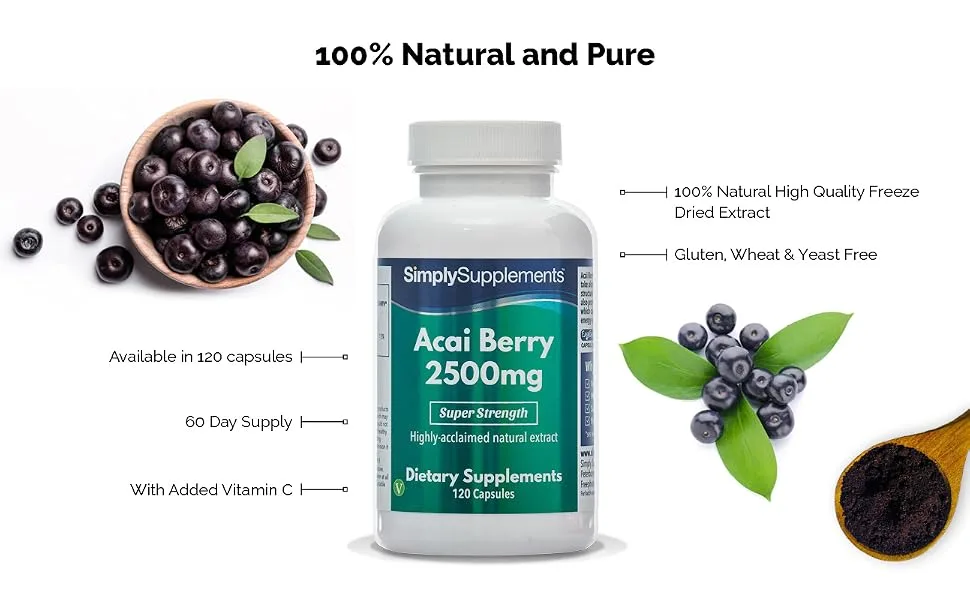 Acai Berry Capsules | 120 High Strength 2500mg Capsules | Vegan & Vegetarian Friendly | Manufactured in The UK - E8762