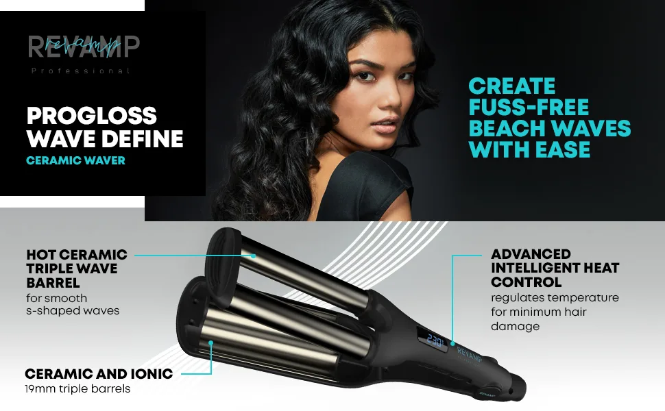 Revamp Progloss Wave Define Styler Professional - 3 Barrel Waver for Defined S-Shaped Waves Fuss Free Beachwaver with Variable Heat Options & Auto Shut Off - product information 6