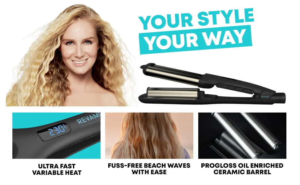 Revamp Progloss Wave Define Styler Professional - 3 Barrel Waver for Defined S-Shaped Waves Fuss Free Beachwaver with Variable Heat Options & Auto Shut Off - product information 7