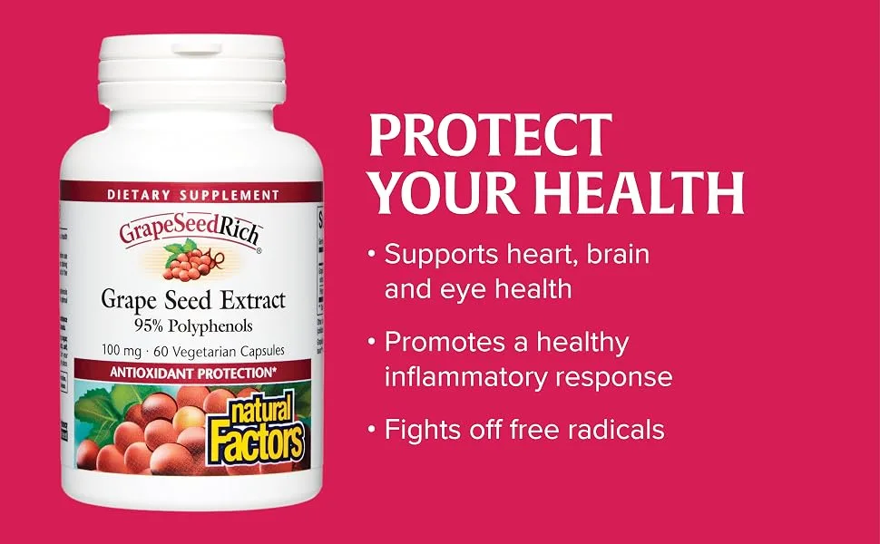 Natural Factors Grape Seed Extract 95% Polyphenols 100 mg 60 Vetegarian Capsules - Protect your health. Supports heart, brain and eye health. Promotes a healthy inflammatory response