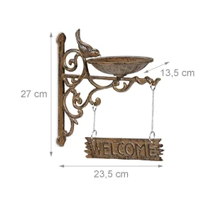 Relaxdays Cast Iron Hanging Bird Bath with WELCOME Sign Garden Decor Feeding Bowl Font for Wild Birds Brown - product information 11