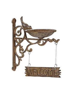 Relaxdays Cast Iron Hanging Bird Bath with WELCOME Sign Garden Decor Feeding Bowl Font for Wild Birds Brown - product information 8