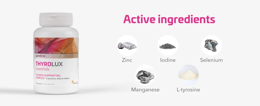 Thyroid Supplement Iodine Selenium L-Tyrosine Zinc Manganese 180 Capsules for 180 Days Plant-Based Sensilab ThyroLux - Sensilab Thyrolux Essentials Ingredients