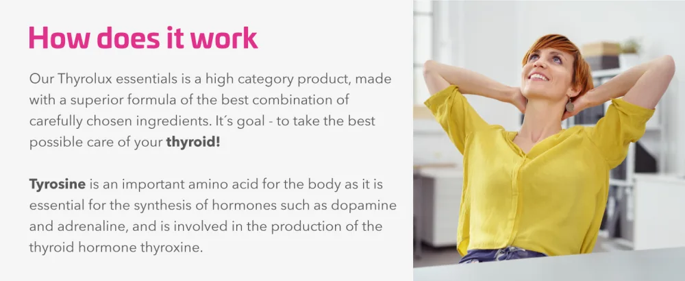 Thyroid Supplement Iodine Selenium L-Tyrosine Zinc Manganese 180 Capsules for 180 Days Plant-Based Sensilab ThyroLux - Thyrolux essentials - How does it work
