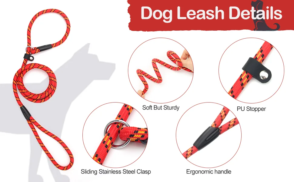 Dog Slip Lead Extremely Durable Strong Dog Training Leash Rope 150 cm Long Adjustable Pet Lead Leash For Small Medium Dogs (10-80 lbs) red - dog leash rope
