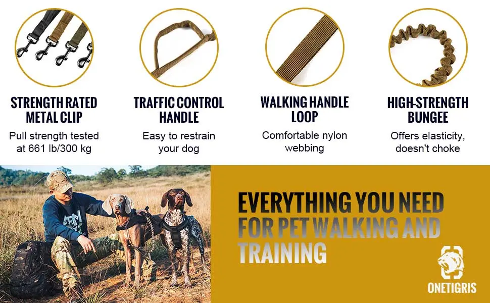 OneTigris Tactical Dog Training Leash Bungee Leash with 2 Control Handle Quick Release Nylon Leads Rope Olive - product information 12