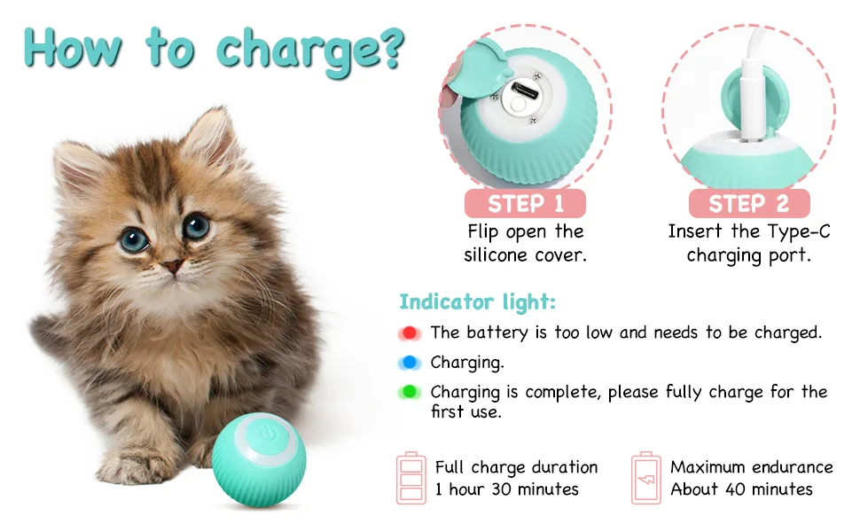 DONGKER Cat Ball Toys Interactive Self Rotating Rolling Balls Automatic Moving USB Rechargeable for Cats Kitten Kitty Exercise(4.3 * 4.3cm) (pink+green) - product information 26