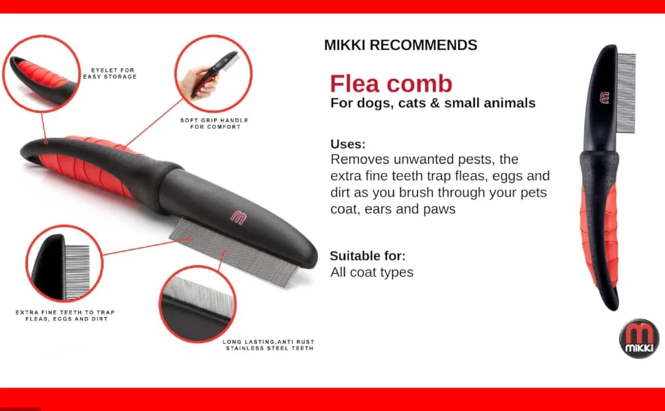 Mikki Dog Cat Deluxe Flea Comb - Flea Remover for Medium to Large Sized Pet - Dust Lice Comb Brush - mikki dog cat puppy kitten flea comb remover traps fleas eggs