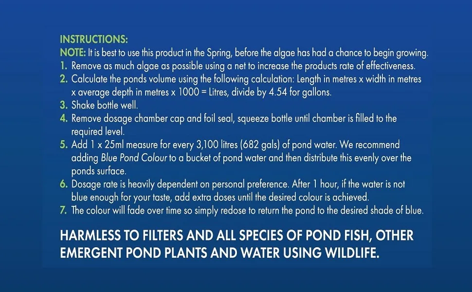 Blagdon Blue Pond Water Colour Reduces Algae Growth Helps Protect Fish from Predators 250ml treats 31 000 litres 250 ml - Blagdon blue pond