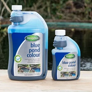 Blagdon Blue Pond Water Colour Reduces Algae Growth Helps Protect Fish from Predators 250ml treats 31 000 litres 250 ml - Blagdon blue pond colour two sizes 1 litre & 250ml bottles standing together