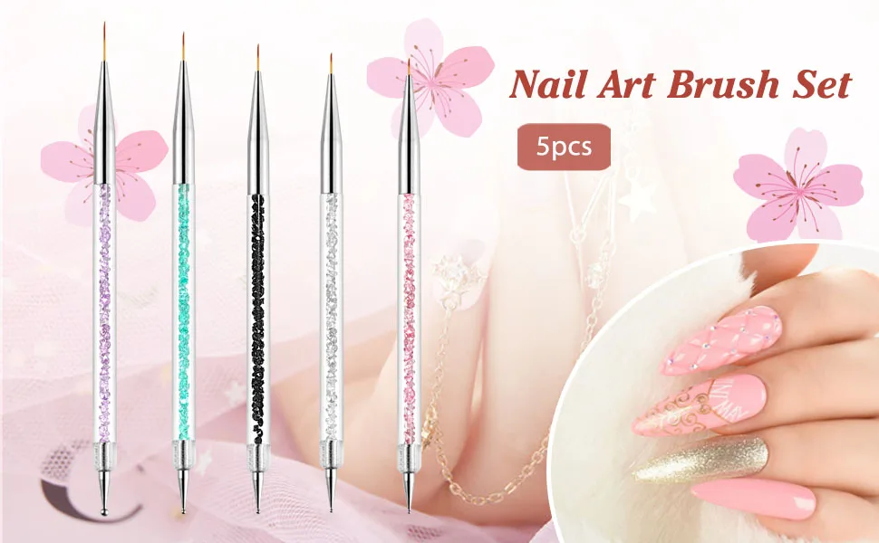 Function Nail Brush for Dotting Drawing Nail Art Brushes Painting Tools Liner Design Nail Art with Glitter Handle (5) 5PC - Nail Brush