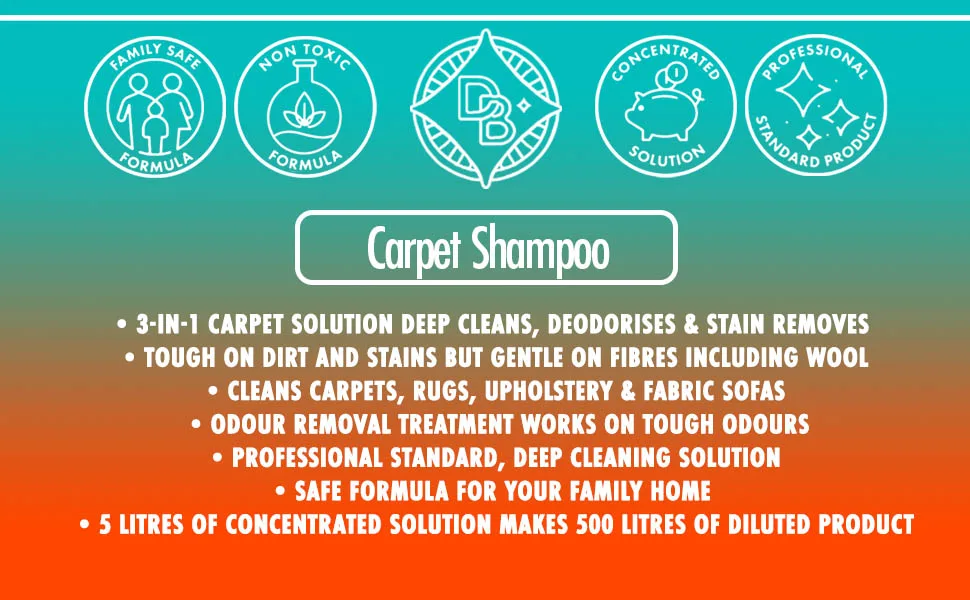 Dirtbusters Carpet Cleaner Shampoo Solution Clean & Deodorise Stain Remove Odour Treatment Orange Fresh (5L) - CARPET CLEANING SOLUTION SHAMPOO