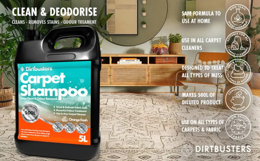 Dirtbusters Carpet Cleaner Shampoo Solution Clean & Deodorise Stain Remove Odour Treatment Orange Fresh (5L) - CARPET CLEANING SOLUTION SHAMPOO