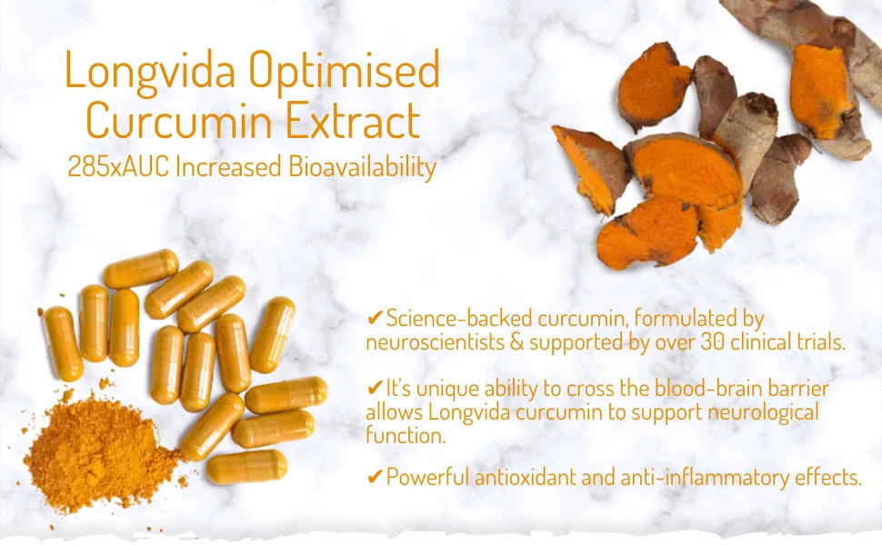 Longvida Curcumin - Clinically Studied - 285XAUC Increased Bioavailability - Vegan - Pullulan - UK Made - GMP Standards - Zero Additives - Curcumin