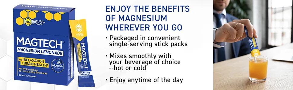 MagTech Magnesium Lemonade Drink Mix - Chelated Magnesium Complex - 3 Forms of Magnesium: Magtein Magnesium L-Threonate, Glycinate & Taurate - Supports Relaxation & Brain Health, 20 Stick Packs - Magtech Magnesium Lemonade Mix