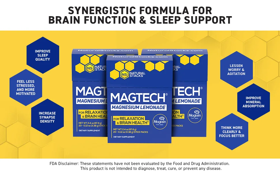 MagTech Magnesium Lemonade Drink Mix - Chelated Magnesium Complex - 3 Forms of Magnesium: Magtein Magnesium L-Threonate, Glycinate & Taurate - Supports Relaxation & Brain Health, 20 Stick Packs - Magtech Magnesium Lemonade Powder Drink